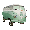 a green and white van with a vw logo on the side