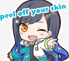 a sticker of a girl with the words " peel off your skin "
