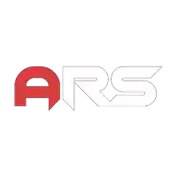 a red and white logo that says ars