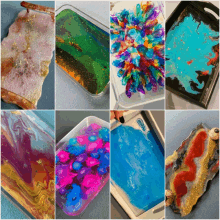 a collage of trays with different colors of paint