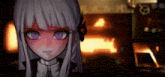 a girl with purple eyes is standing in front of a fireplace .