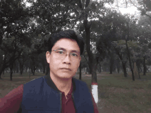 a man wearing glasses and a vest poses for a photo in a park