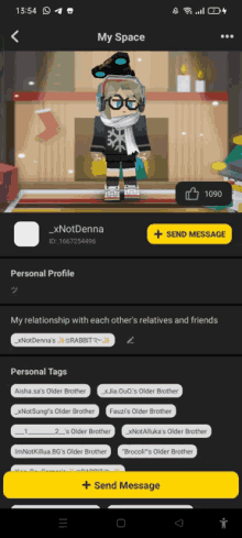 a phone screen shows a person 's personal profile and a send message button