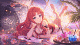a girl in a bikini is laying on a bed next to a table with a drink