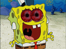 a cartoon of spongebob with red eyes and a red tie