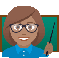 a woman wearing glasses and a blue shirt holds a pointer in front of a blackboard