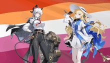 two anime girls are standing next to each other in front of a lesbian flag