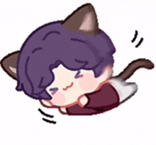 a cartoon boy with purple hair and cat ears is laying on the floor .