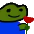 a pixel art frog is holding a red rose in his hand .