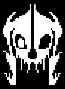 a black and white pixel art of a skull with a sword in its mouth .