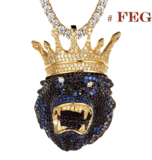 a necklace with a gorilla head with a crown on top of it