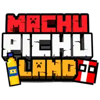 a logo for machu pichu land has a yellow bottle and a flag