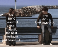 a man and a woman sitting on a bench with a caption that says her 10/10 beautiful kind majestic