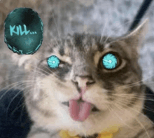 a cat with blue eyes is sticking its tongue out in front of a circle that says kill
