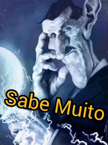 a drawing of a man holding a light bulb with the words sabe muito written below it