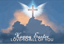 an easter greeting card with a cross in the clouds