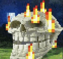 a pixel art of a skull with flames on it