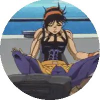 a cartoon character is sitting in a lotus position in front of a radio