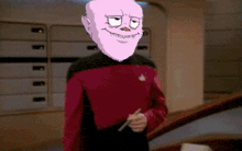 a cartoon character with a pink head is wearing a red shirt and black pants