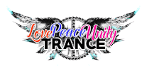 a logo for love peace unity trance with feathers in the background