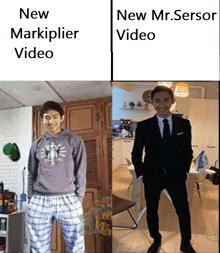 a picture of a man in pajamas and a picture of a man in a suit and tie