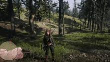 a person in a video game is standing in the woods with a gun