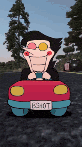 a cartoon character is driving a small red car with a license plate that says bshot