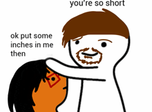 a cartoon drawing of a man putting some inches in another man 's head
