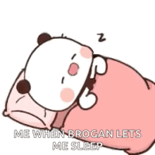 a cartoon panda is sleeping on a pink pillow .