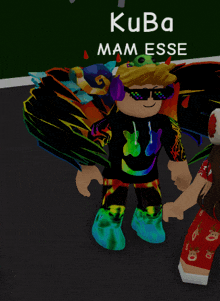 a cartoon character wearing sunglasses and a rainbow shirt is standing in front of a sign that says kuba mamesse