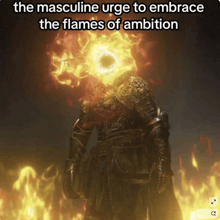 a picture of a knight with flames coming out of his head