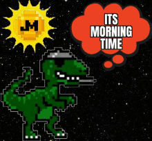 a pixel art of a dinosaur smoking a cigarette and a thought bubble that says its morning time