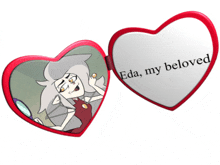 a heart shaped mirror with a picture of eda and the words eda my beloved