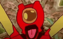 a close up of a cartoon character with his tongue out .