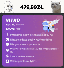 a purple advertisement for nitro with a crying cat behind it