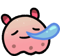 a cartoon drawing of a pink monster with a blue tongue sticking out