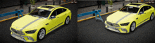 a yellow car is parked next to a blue barrier that says nypd on it