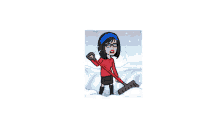 a cartoon woman is shoveling snow with a red shovel