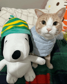 a cat and a stuffed snoopy are sitting on a bed