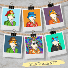 a bunch of pictures hanging on a rope with the words shiba dream nft on the bottom