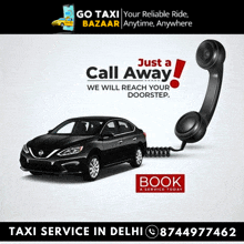 an advertisement for taxi service in delhi with a black car