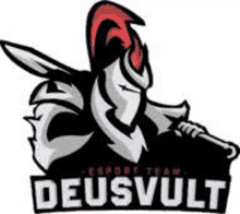 the logo for the deusvult esport team is a knight with a sword and helmet .