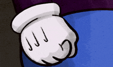 a cartoon hand wearing a white glove with a purple shirt