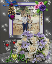 a picture of a man and woman in a frame with purple flowers and the word love