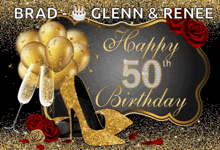 a happy 50th birthday sign with balloons and high heels