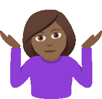 a woman in a purple shirt is shrugging her shoulders with her hands