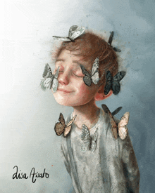 a painting of a boy with butterflies on his face and the name alisa aisato on the bottom