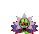 a pixel art drawing of a frog with red eyes and a star .