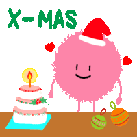 a pink cartoon character wearing a santa hat is standing next to a cake