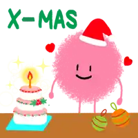 a pink cartoon character wearing a santa hat is standing next to a cake